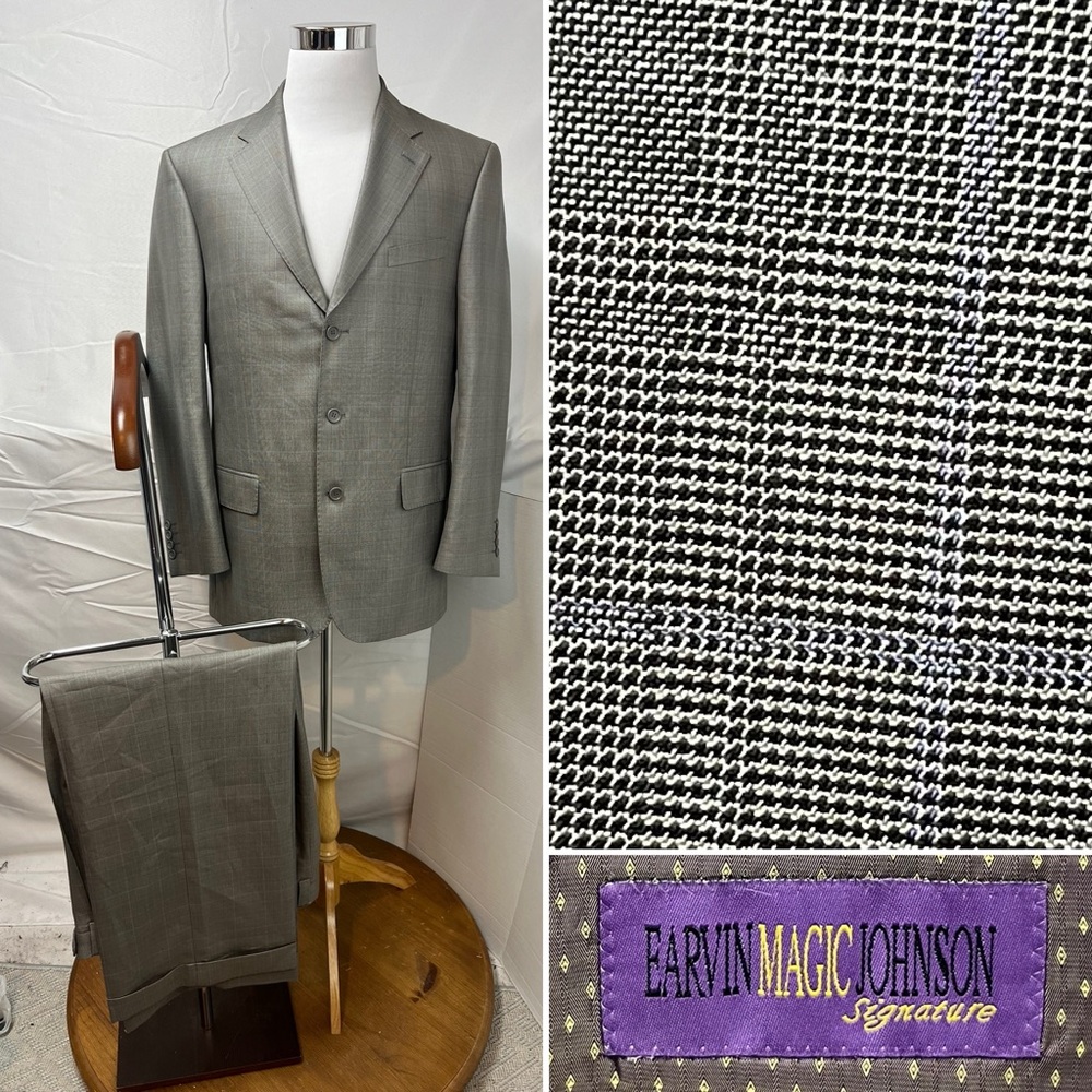 Magic Johnson Men's 40R X 34W Blazer & Pants Gray Blue Plaid 3-Button Suit Y2K